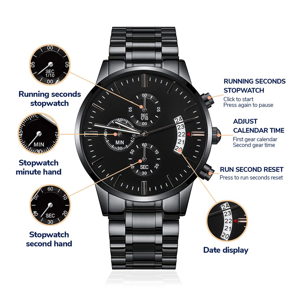 Black Chronograph Watch with Your Engraved Message - Customized for You