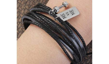 Cowhide Leather Fitness Bracelet with 2 Charms - Weight Lifting Charms 