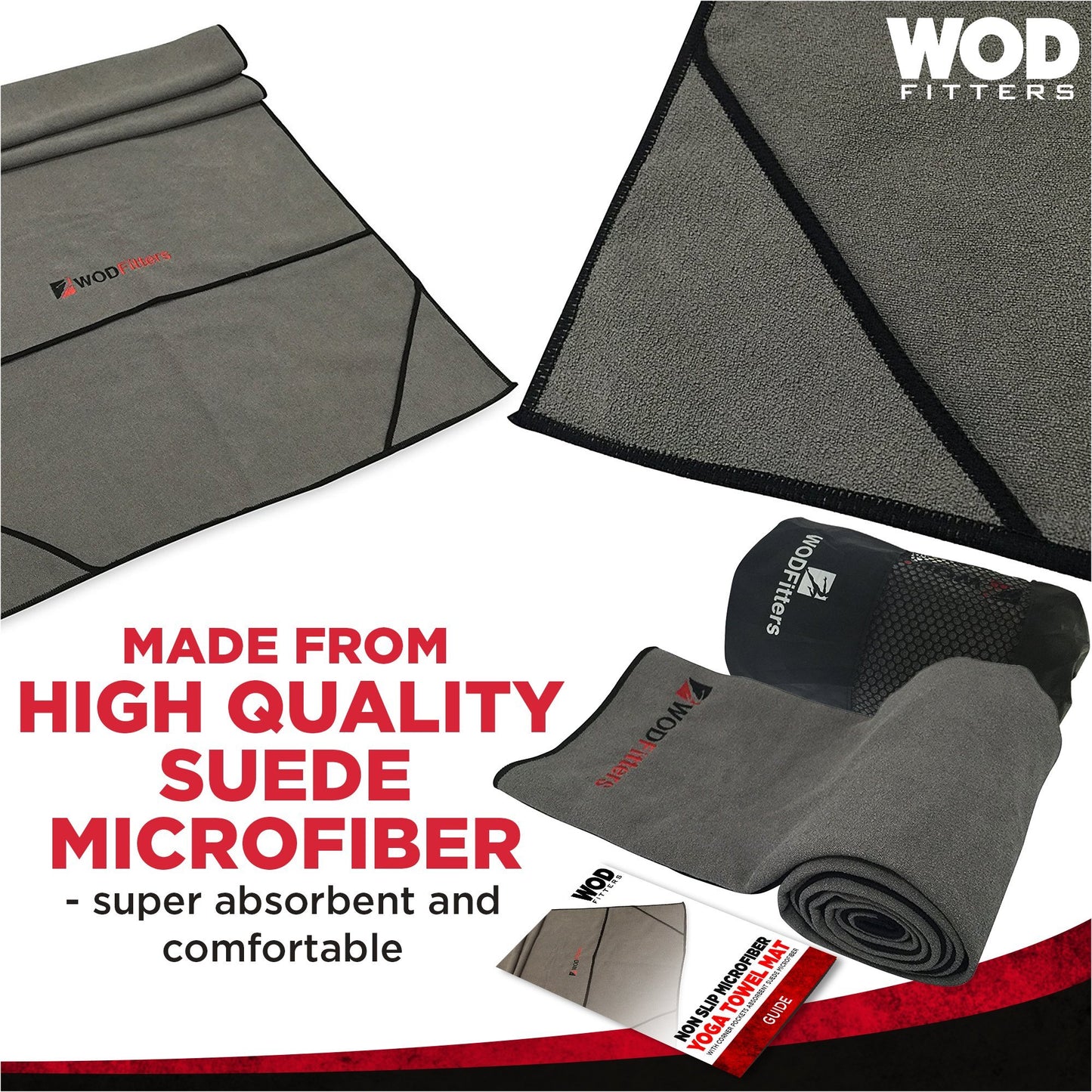 WODFitters Non Slip Microfiber Yoga Towel Mat with Corner Pockets and Carrying Bag 