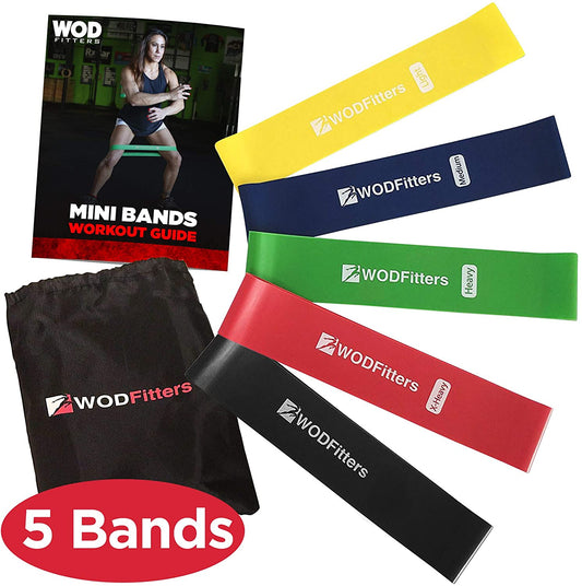 New and Improved WODFitters Set of 5 Resistance Loop Exercise Bands - Mini Bands - with Carrying Bag